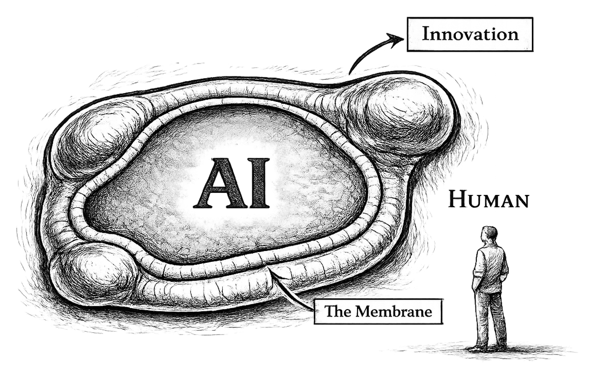 Illustration of an AI cell pushing against a membrane boundary while a human observes from outside, representing the shifting boundary between AI capability and human judgment
