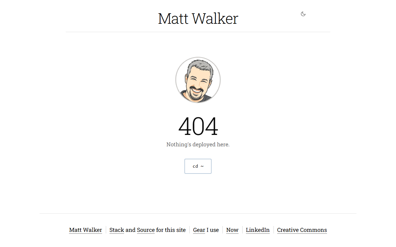 The 404 page— avatar, &ldquo;Nothing&rsquo;s deployed here,&rdquo; and a monospace &ldquo;cd ~&rdquo; button
