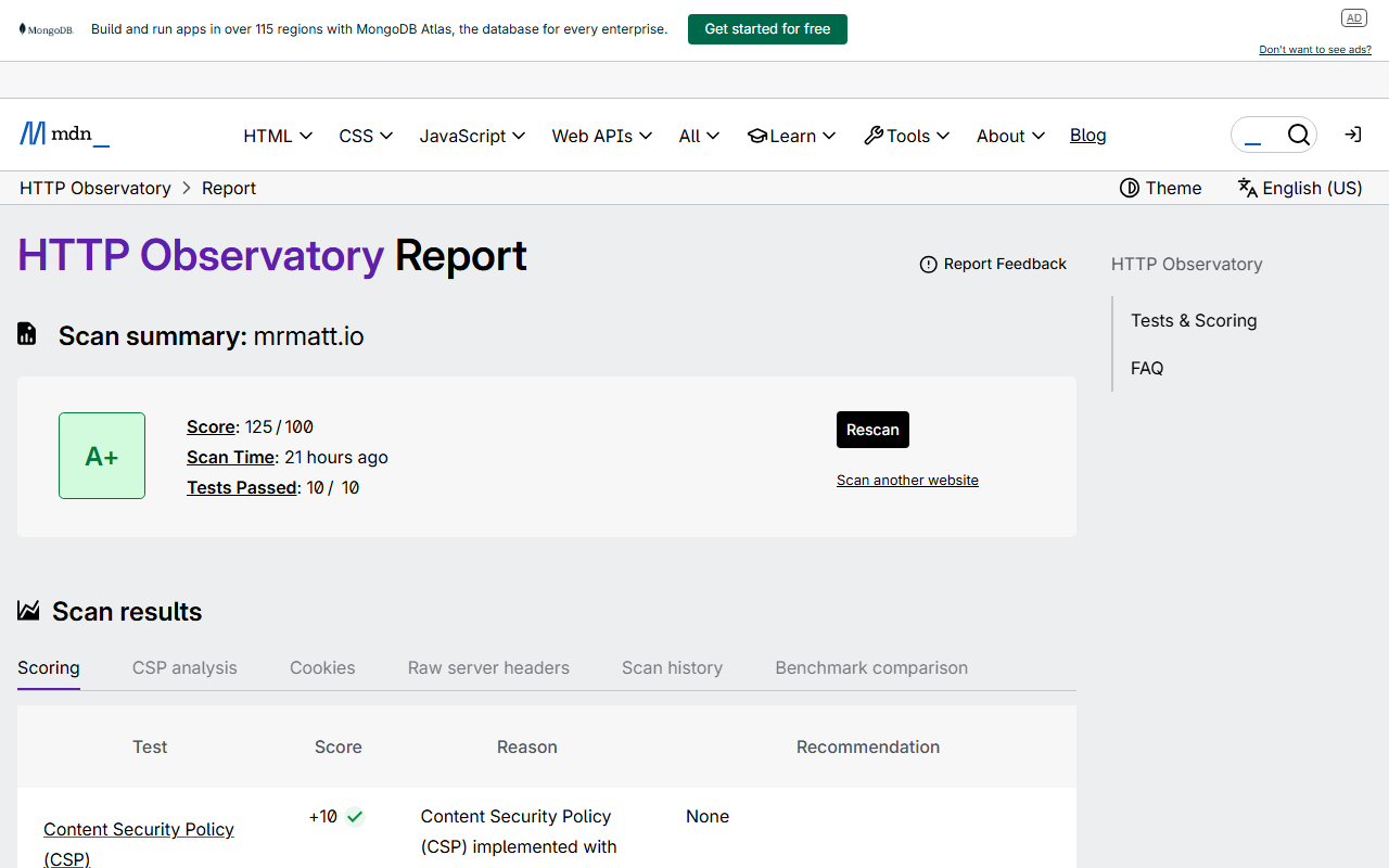 Mozilla Observatory— A+ score, 125/100, all 10 tests passed