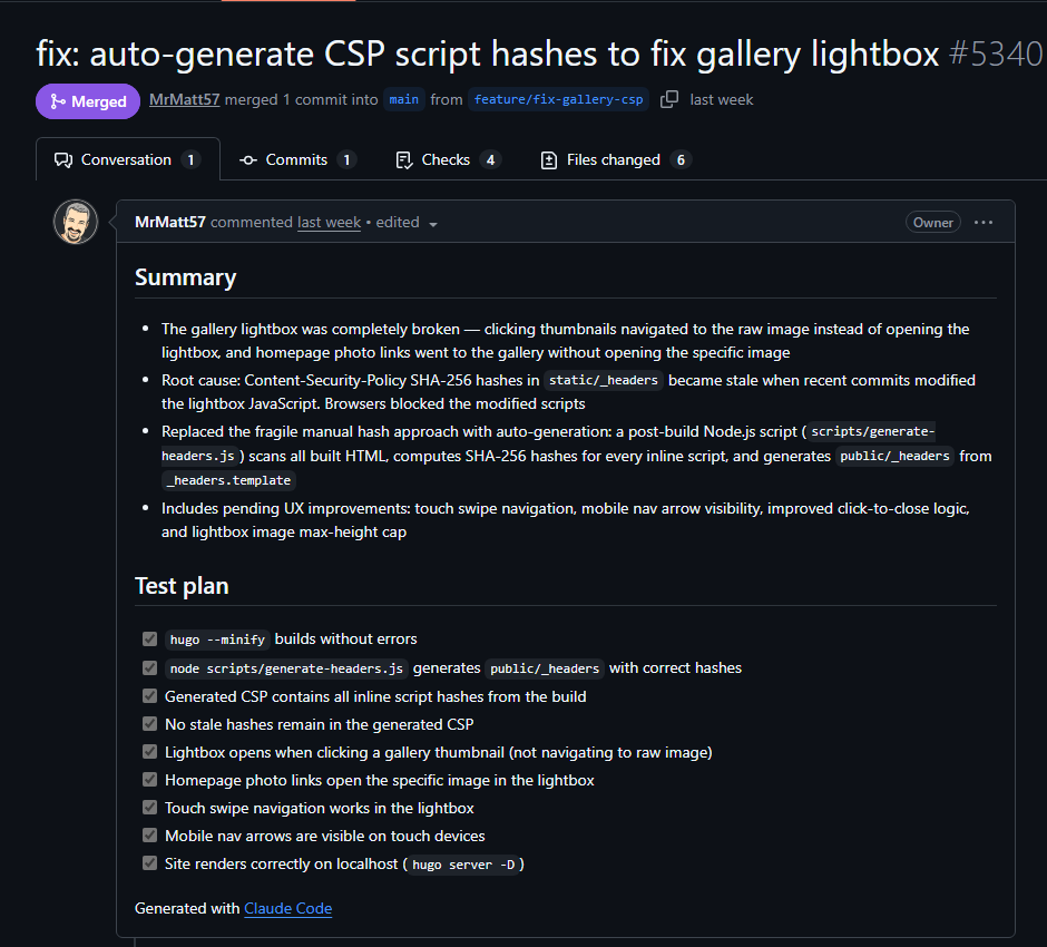 A merged pull request showing the spec&rsquo;s summary and test plan as the PR body