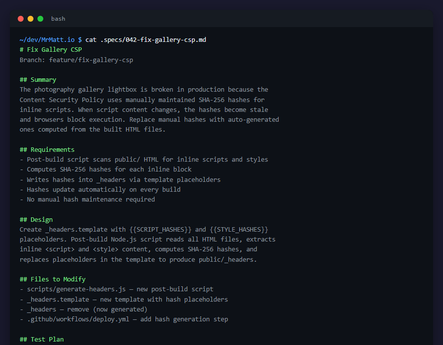 A spec file showing the structured format— summary, requirements, design, files to modify, and test plan