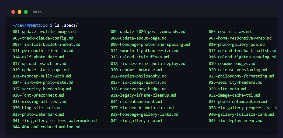 44 numbered spec files in the .specs directory