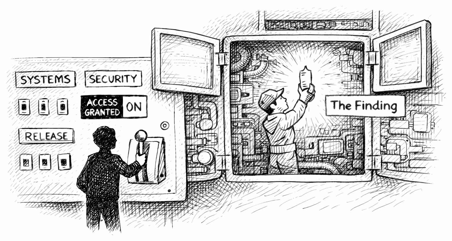 Illustration of a human at a control panel flipping an Access Granted switch while an agent inside the machine holds up a glowing component labeled The Finding