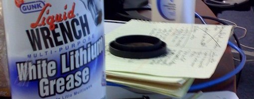 Stephen&rsquo;s desk has both white lithium grease and lotion on it. Interesting.