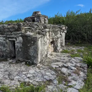 A small weathered stone Mayan ruin structure surrounded by low green vegetation under a blue sky on the coast of Cozumel.