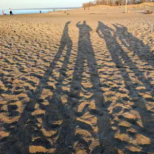 Four people's shadows cast across sandy beach during golden hour, with water and sparse beachgoers visible in the background.