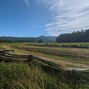 A wooden split-rail fence in the foreground overlooks a grassy meadow with forested mountains in the distance under a blue sky with wispy clouds.