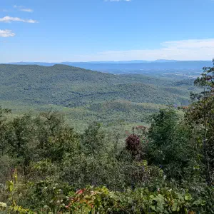 A sweeping view of forested mountain ridges and a distant valley framed by trees and foliage in late summer under a partly cloudy sky.